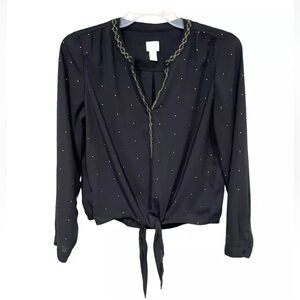 Chico's M Black Long Sleeve gold Beaded V Neck Blouse waist tie